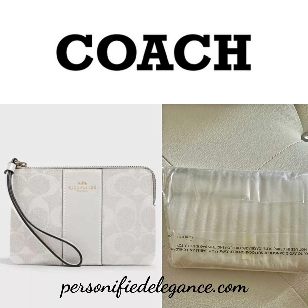 NEW Coach Signature Print Chalk Glacier White Coated Canvas Corner Zip Wristlet